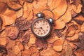 Vintage alarm clock on pile of dry autumn leaves for daylight saving time change in fall Royalty Free Stock Photo