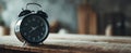 The vintage alarm clock on a rustic wooden table in soft lighting.AI generated image Royalty Free Stock Photo
