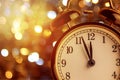 Vintage alarm clock is showing midnight. It is twelve o`clock, christmas and bokeh, holiday happy new year festive concept Royalty Free Stock Photo