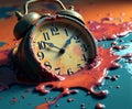 Vintage alarm clock sinking in red paint illustrating wasted time