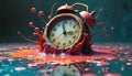 Vintage alarm clock sinking in red paint illustrating wasted time
