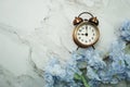 Vintage Alarm Clock And Tulip Bouquet with space copy on marble background Royalty Free Stock Photo