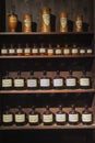 Vintage alchemy chemistry workshop rack shelf glass vials