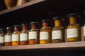 Vintage alchemy chemistry workshop rack shelf glass vials Royalty Free Stock Photo