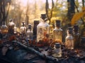 Vintage alchemy glass bottles forgotten in the woods. Close-up view.