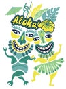 Vintage Aloha Tiki illustration, Tropical Tiki party, Hawaii party time, Tiki bar, Aloha hawaii t-shirt print, orange and teal col