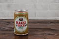 A vintage aluminium can of Haake Beck beer against the brick wall