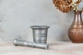 Vintage aluminum mortar with pestle Royalty Free Stock Photo