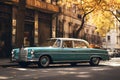 Vintage american car on the city street in autumn time, Side view of a vintage car parked on the street, AI Generated Royalty Free Stock Photo