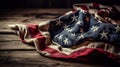 Vintage American flag crumpled on wooden background. Royalty Free Stock Photo