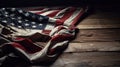 Vintage American flag crumpled on wooden background. Royalty Free Stock Photo