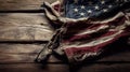 Vintage American flag crumpled on wooden background. Royalty Free Stock Photo