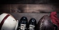 Vintage American football equipment on a wood background