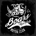 Vintage American furious boar bikers club tee print vector design on black background.