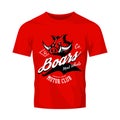 Vintage American furious boar bikers club tee print vector design isolated on red t-shirt mockup.