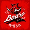 Vintage American furious boar bikers club tee print vector design on red background. Royalty Free Stock Photo