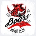 Vintage American furious boar bikers club tee print vector design on white background.