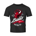 Vintage American furious bull bikers club tee print vector design isolated on black t-shirt mockup.