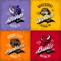 Vintage American furious bull, wolf, panther, rhino bikers club tee print vector design.