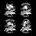 Vintage American furious bull, wolf, panther, rhino bikers club tee print vector design.