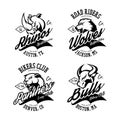 Vintage American furious bull, wolf, panther, rhino bikers club tee print vector design.