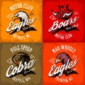 Vintage American furious eagle, boar and cobra bikers club tee print vector design set.