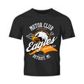 Vintage American furious eagle custom bike motor club tee print design isolated on black t-shirt mockup. Royalty Free Stock Photo