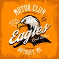 Vintage American furious eagle custom bike motor club tee print vector design isolated on orange background. Royalty Free Stock Photo