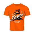 Vintage American furious fox bikers club tee print vector design isolated on orange t-shirt mockup.