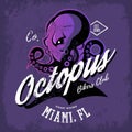 Vintage American furious octopus bikers club tee print vector design isolated on purple background.