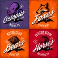Vintage American furious octopus, fox, bear, horse bikers club tee print vector design set.