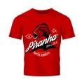 Vintage American furious piranha bikers club tee print vector design isolated on red t-shirt mockup.