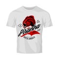 Vintage American furious piranha bikers club tee print vector design on white t-shirt mockup.