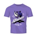 Vintage American rhino bikers club tee print vector design isolated on purple t-shirt mockup.