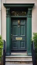 Vintage American style green front door on house facade with stairs. generated AI Royalty Free Stock Photo