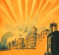 Vintage American style poster from the 1930s- 1940s with industrial cityscape, sunrise and copy space for text