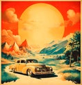 Vintage American style poster from the 1930s- 1940s with veteran antique car, mounting landscape and copy space for text Royalty Free Stock Photo