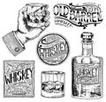 Vintage American whiskey badge. Alcoholic Label with calligraphic elements. Classic frame for poster banner. Glass with Royalty Free Stock Photo