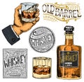 Vintage American whiskey badge. Alcoholic Label with calligraphic elements. Hand drawn engraved sketch lettering for t Royalty Free Stock Photo