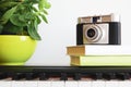 Vintage analogic camera on a piano in a living room. Empty copy space Royalty Free Stock Photo