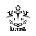 Vintage anchor with swallows. Design element for emblem, sign, badge, logo. Royalty Free Stock Photo