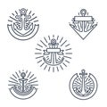 Vintage anchors linear logo set or line nautical labels in retro style isolated on white background Royalty Free Stock Photo