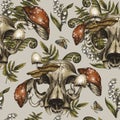 Vintage Animal Skull Seamless Pattern, Amanita Mushroom Texture, Fern and Forest Flowers