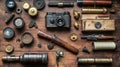 Vintage Antique Camera and Navigation Tools on Wooden Surface Royalty Free Stock Photo