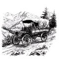 Vintage antique car touring in the mountains Hand Drawn ink sketch Royalty Free Stock Photo
