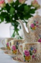 Vintage, antique, Crownford Burslem china demitasse coffee cups and coffee pot, with rose design