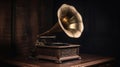 Vintage antique gramophone phonograph turntable with brass horn. Generative Ai Royalty Free Stock Photo