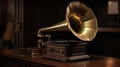 Vintage antique gramophone phonograph turntable with brass horn. Generative Ai