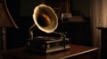 Vintage antique gramophone phonograph turntable with brass horn. Generative Ai Royalty Free Stock Photo