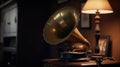 Vintage antique gramophone phonograph turntable with brass horn. Generative Ai Royalty Free Stock Photo